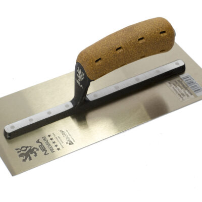 NELA Premium Gold Chrome Stainless Steel Trowel 200x80mm with BiKoGRIP cork handle for professional plaster finishing