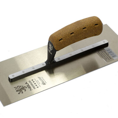 NELA Premium Gold Chrome Stainless Steel Trowel with BiKoGrip cork handle and aluminium mounting for plaster and render finishing