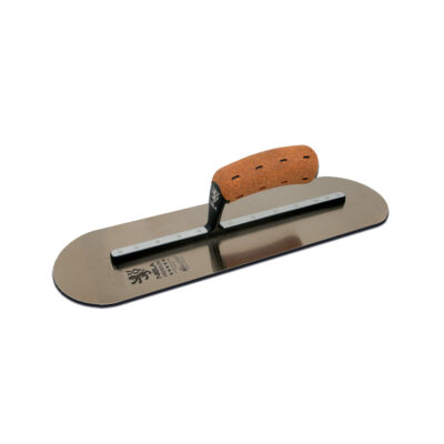 NELA Pool Trowel with short shank, BiKoGrip cork handle, and rounded stainless steel blade for curved surface finishing